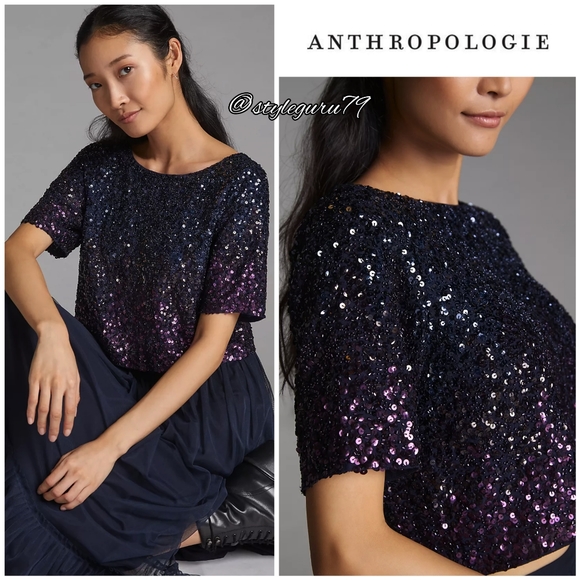 Anthropologie Tops - Anthropologie, Let Me Be, Ombre Cropped Sequined Blouse NWT
